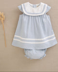 Vestido de bebé con braguita azul y cuello babero