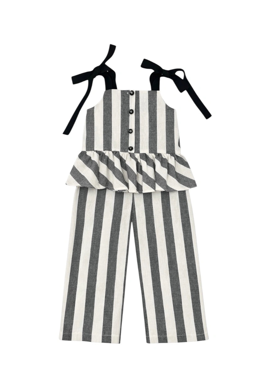Conjunto camisa rayas crudo negro abotonada y pantalón culotte