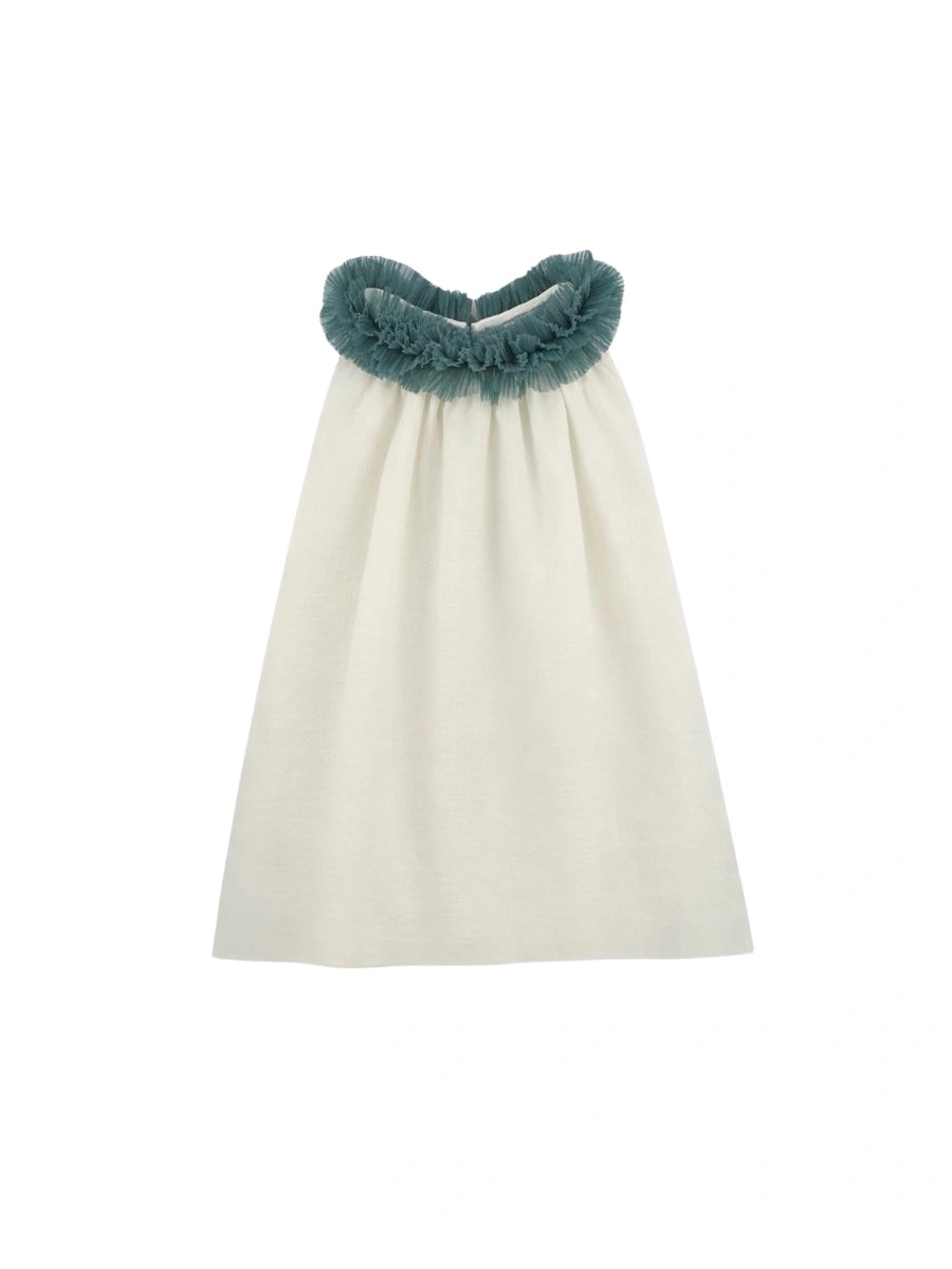 Vestido halter blanco volante azul índigo fruncido cuello