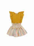Conjunto Sunny camiseta volante ocre y falda engomada rayas multicolor