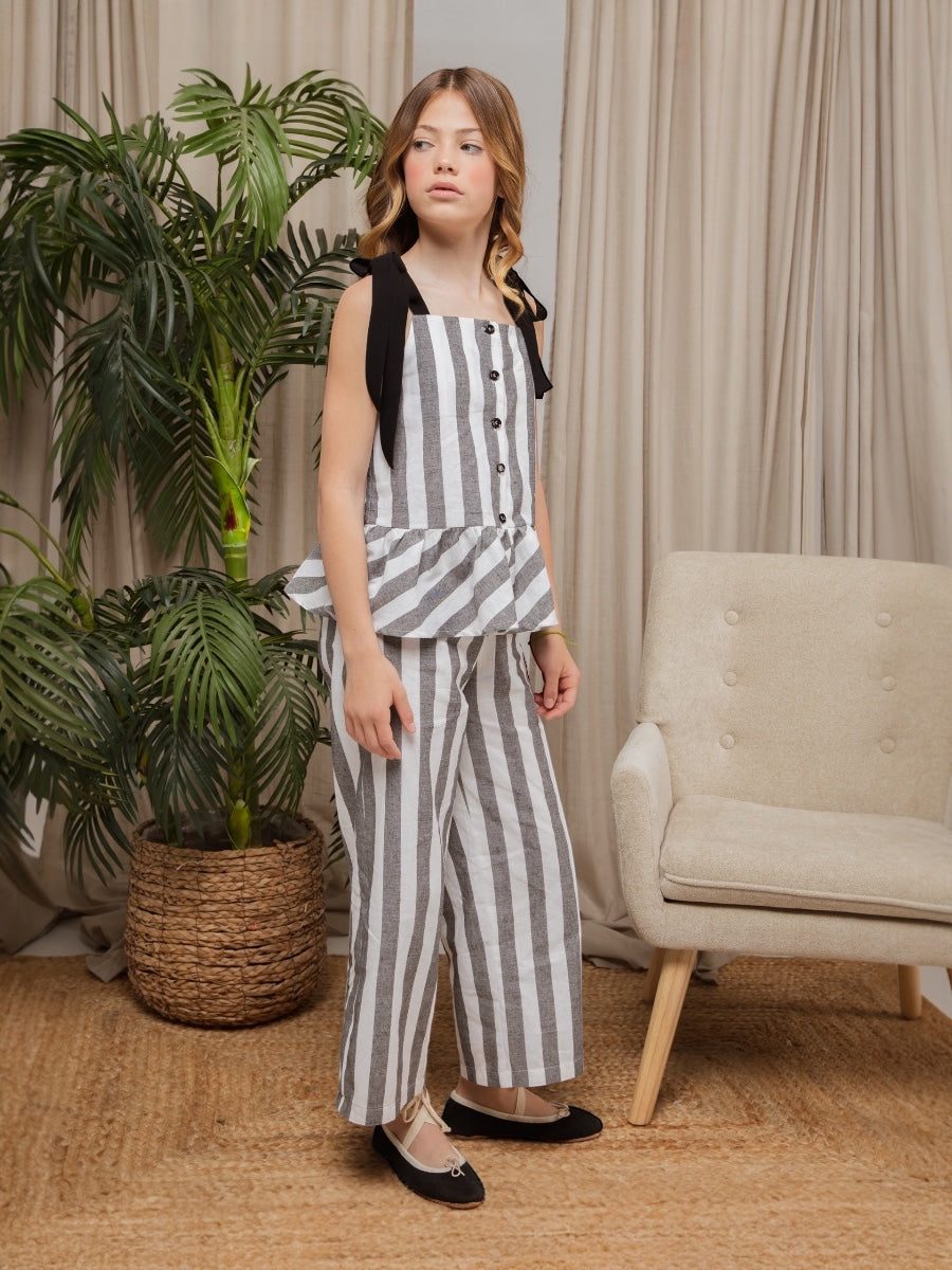 Conjunto camisa rayas crudo negro abotonada y pantalón culotte