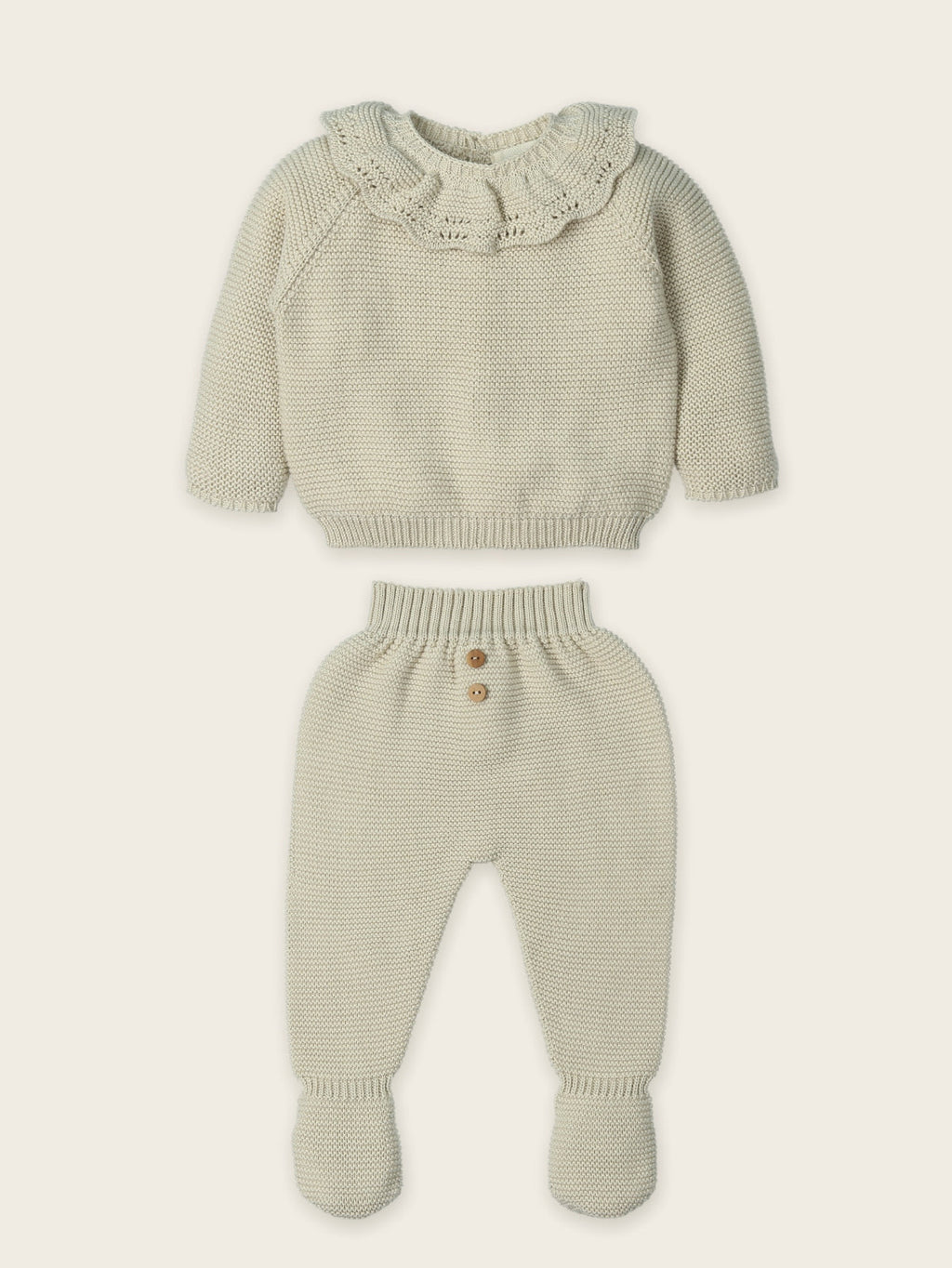 Conjunto de punto bebé cuello volante gris perla plano