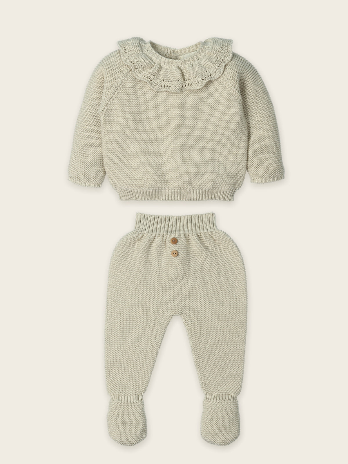Conjunto de punto bebé cuello volante gris perla plano