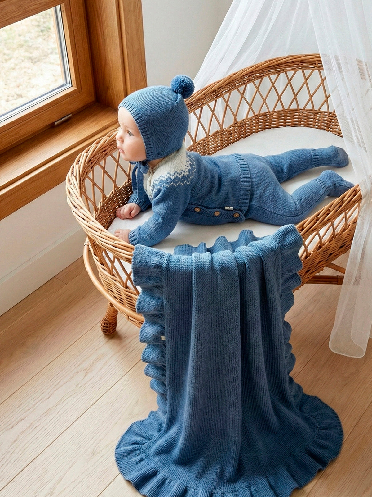 Conjunto canesú Theo jacquard nórdico y polaina Olaf azul acero