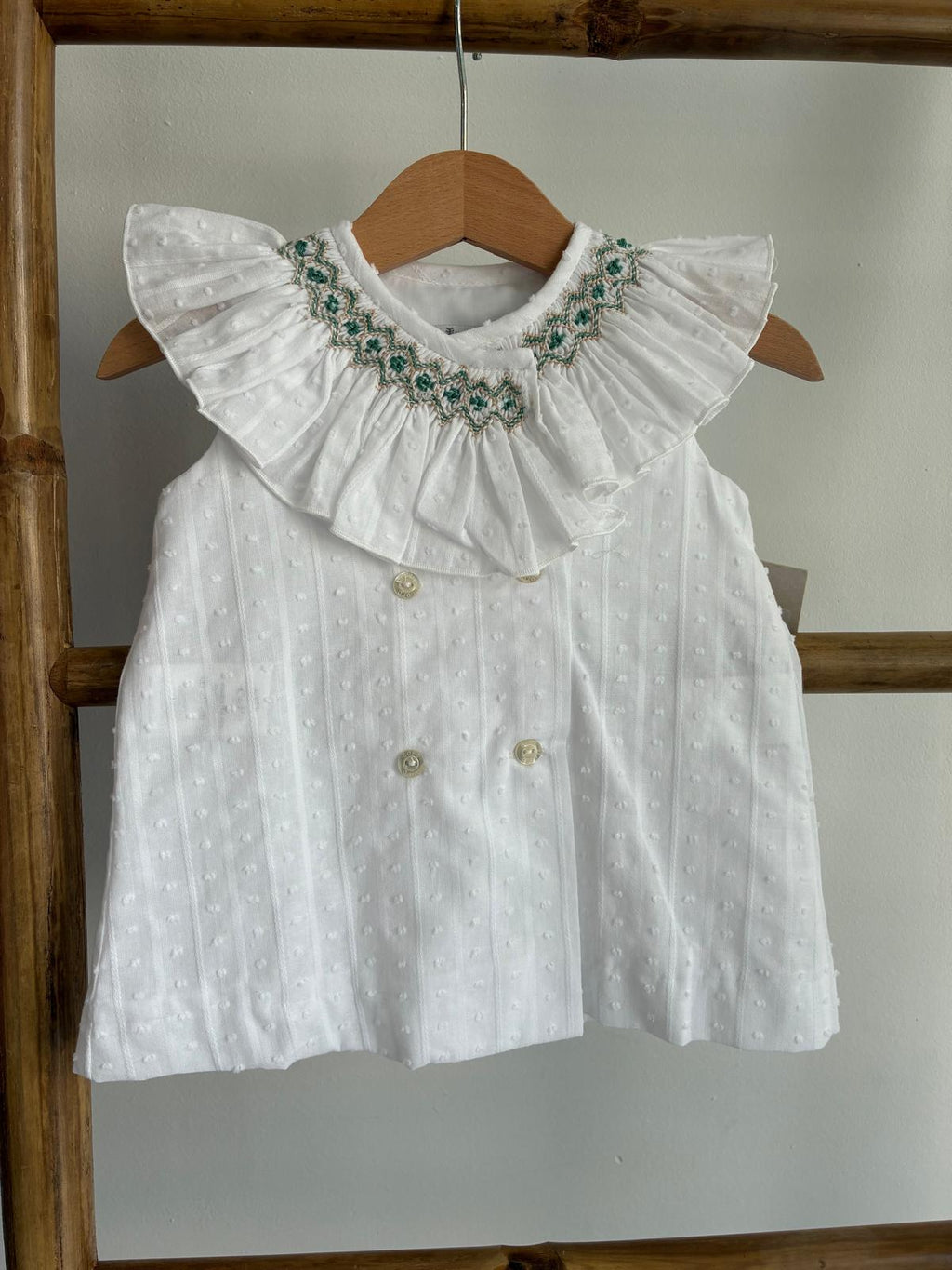 Jesusito de plumeti cruzado y punto smock en verde y beige