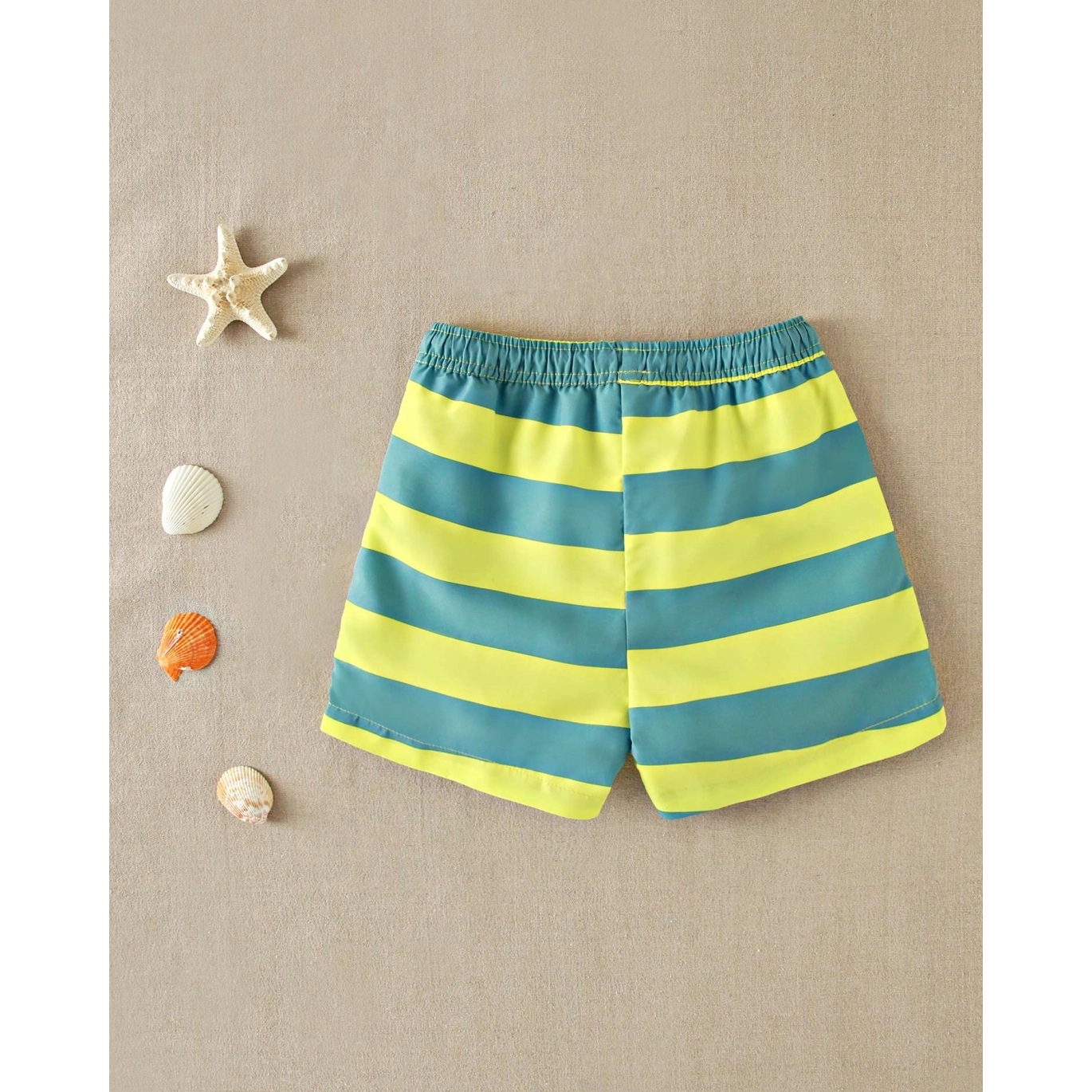 Bañador de niño de rayas verde con cintura con cordón ajustable