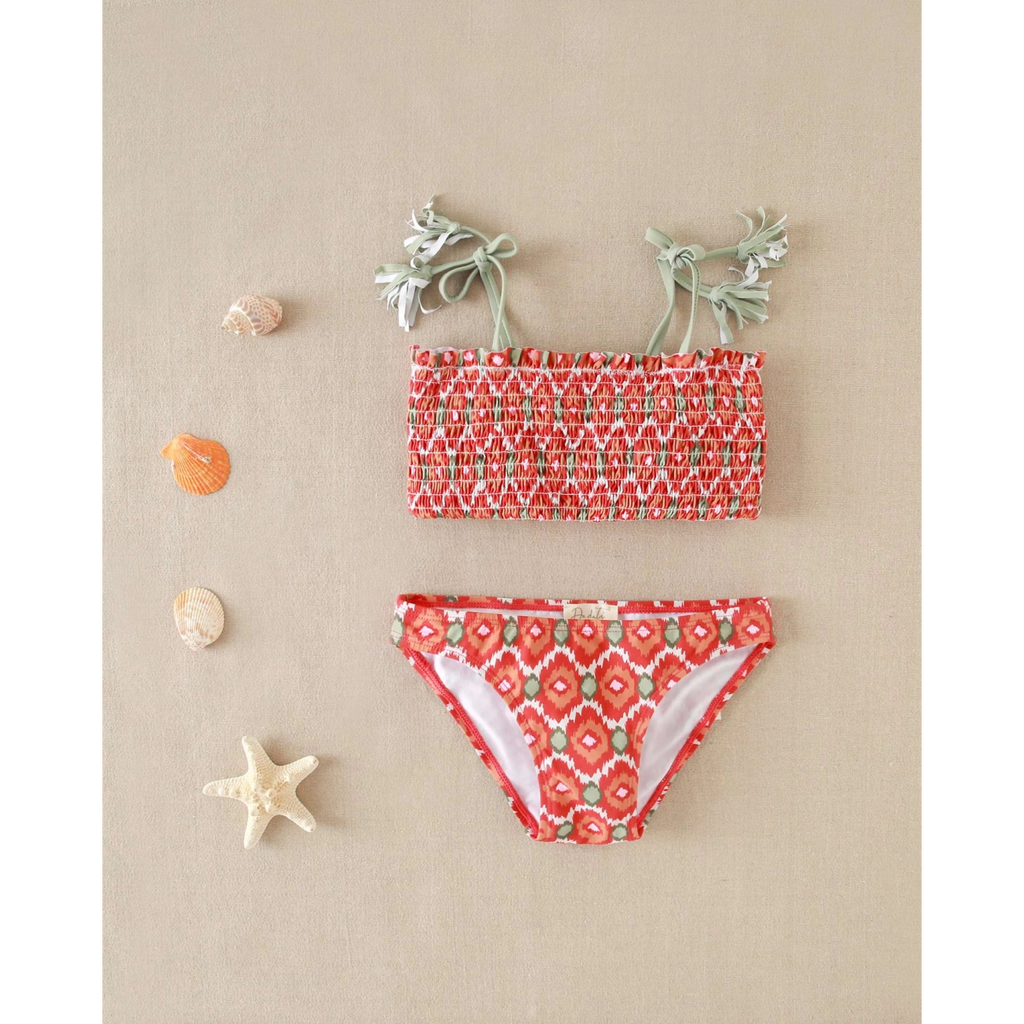Bikini de niña con estampado geométrico y nido de abeja