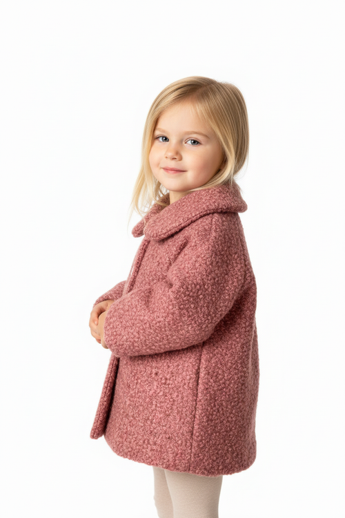 Niña rubia con abrigo rosa bouclé, pose de lado