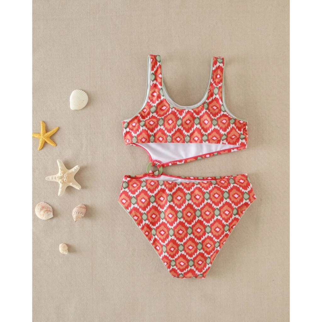 Trikini de niña con estampado geometrico y detalle en la cintura