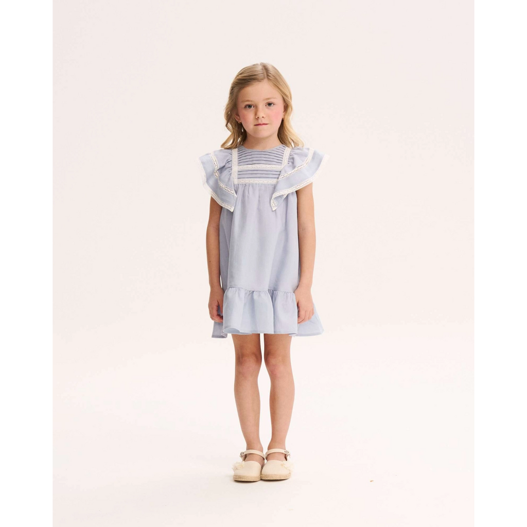 Vestido de niña azul de lino con jaretas en pechera