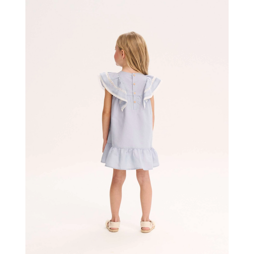 Vestido de niña azul de lino con jaretas en pechera
