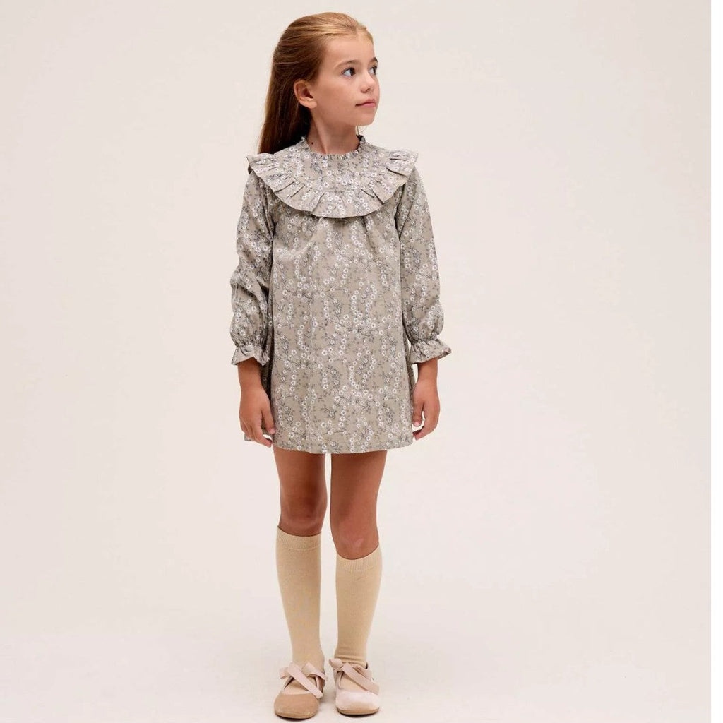 Vestido niña verde flores manga larga con volante cuello