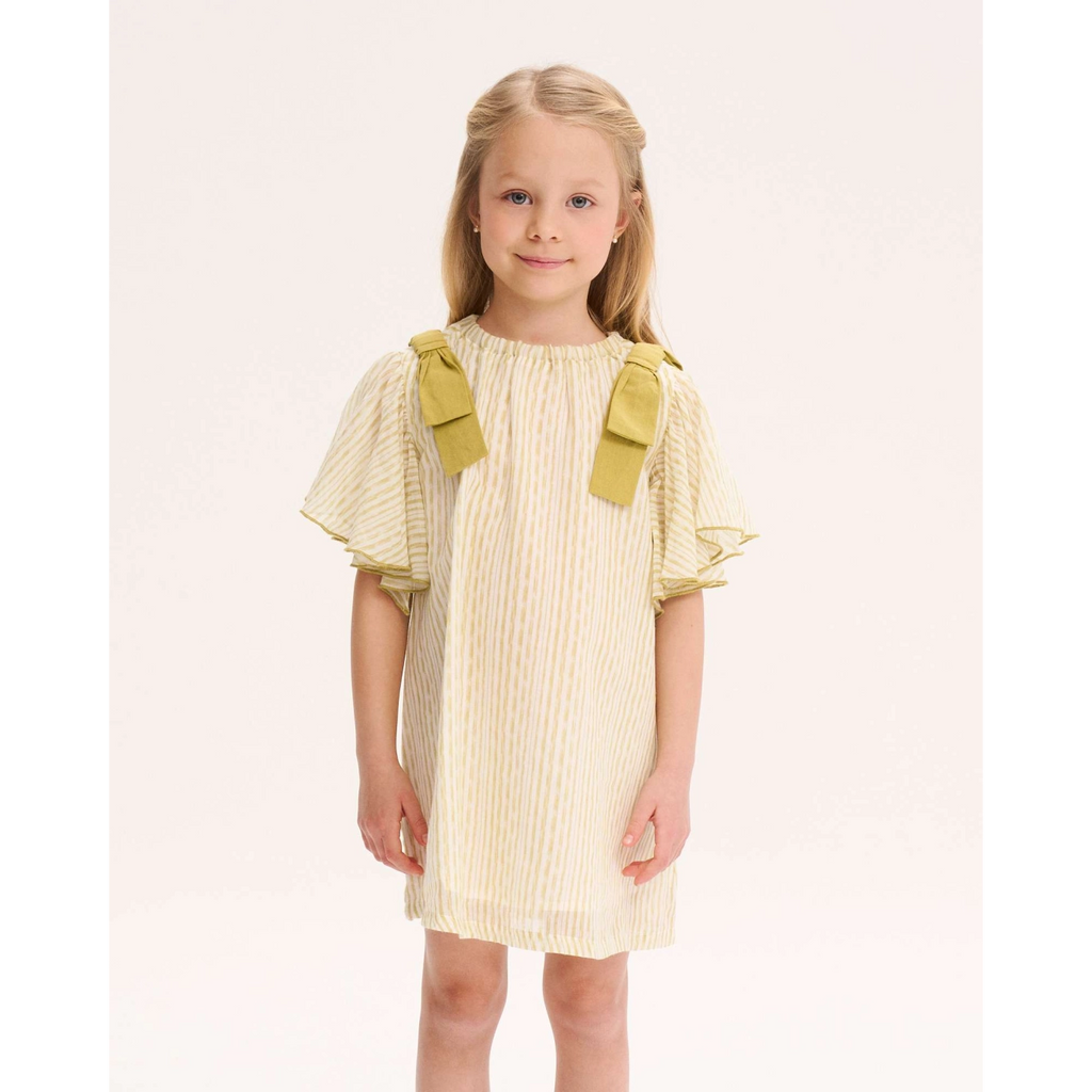 Vestido de niña verde de rayas con lazos verde en la hombrera