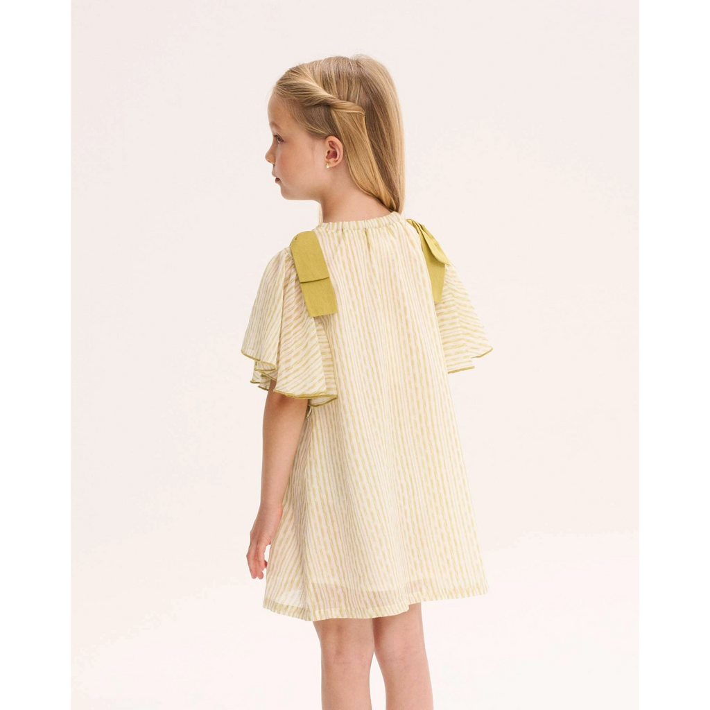 Vestido de niña verde de rayas con lazos verde en la hombrera