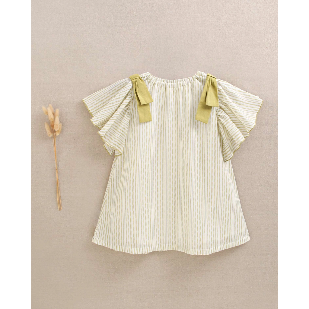 Vestido de niña verde de rayas con lazos verde en la hombrera