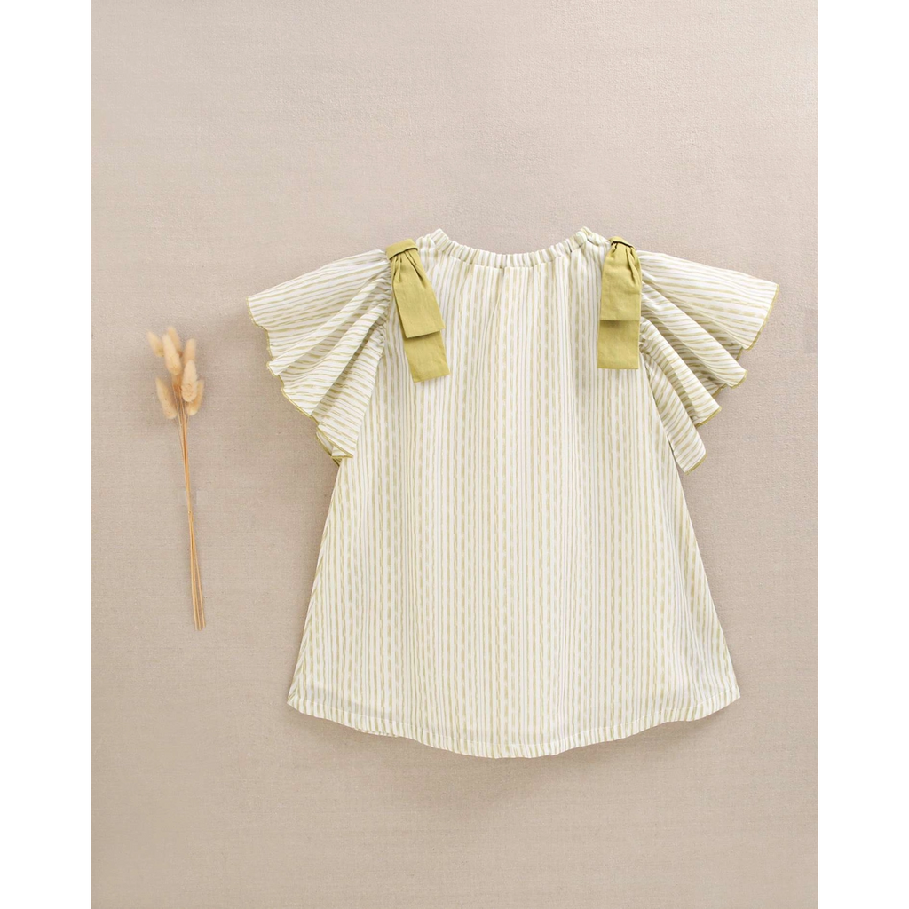 Vestido de niña verde de rayas con lazos verde en la hombrera
